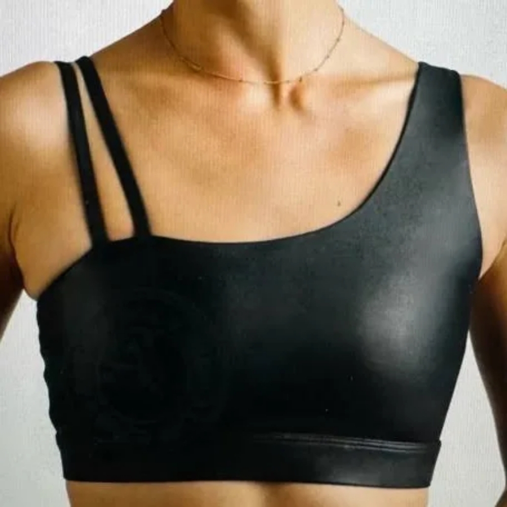 Zyia Black Metallic Light n Tight Asym Bra EUC Medium